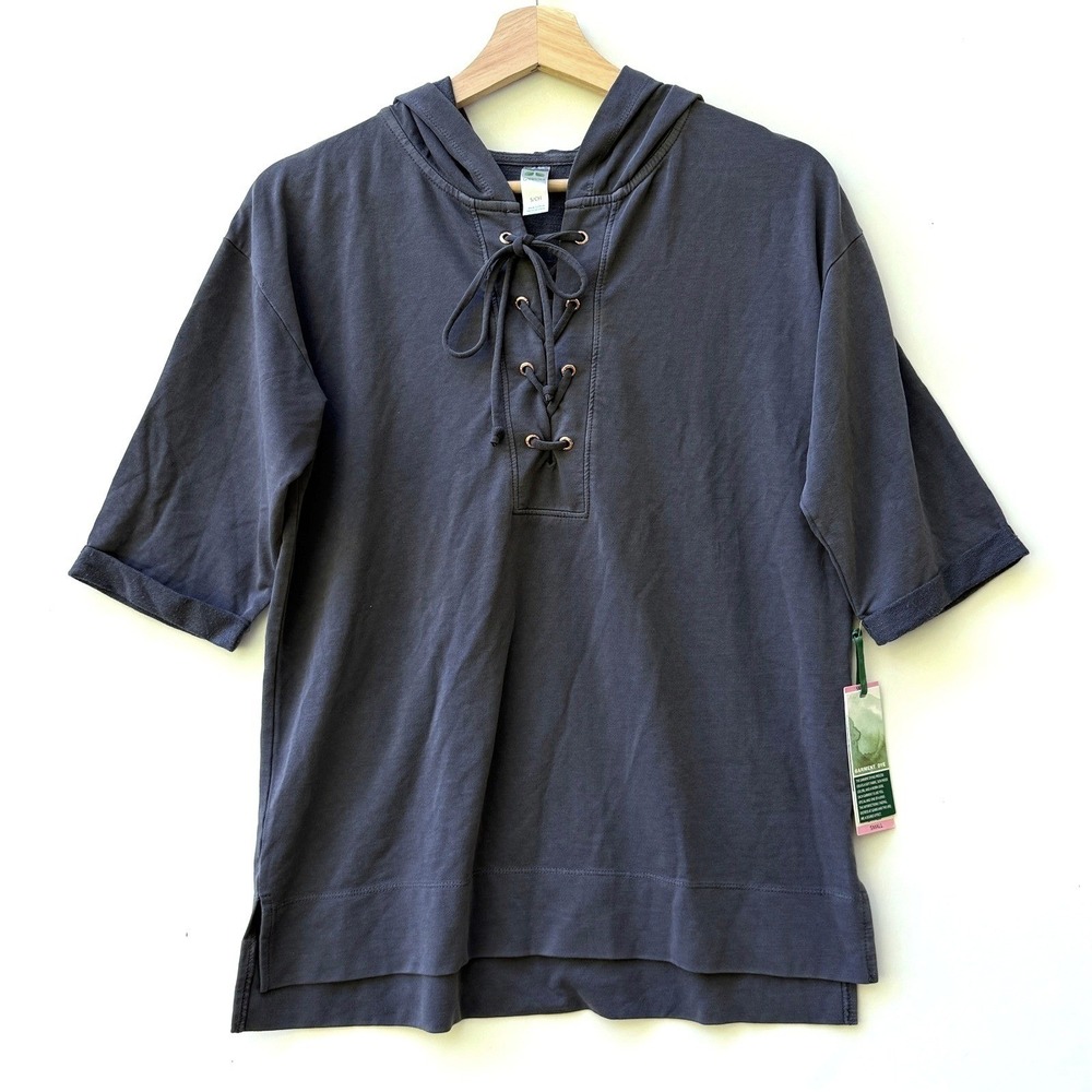NEW Green Tea Hoodie Top Womens Small Dark Grey Lace Up Short Sleeve Casual